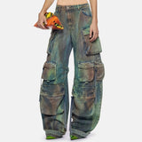 Women Tie Dye Washed Denim Cargo Pants